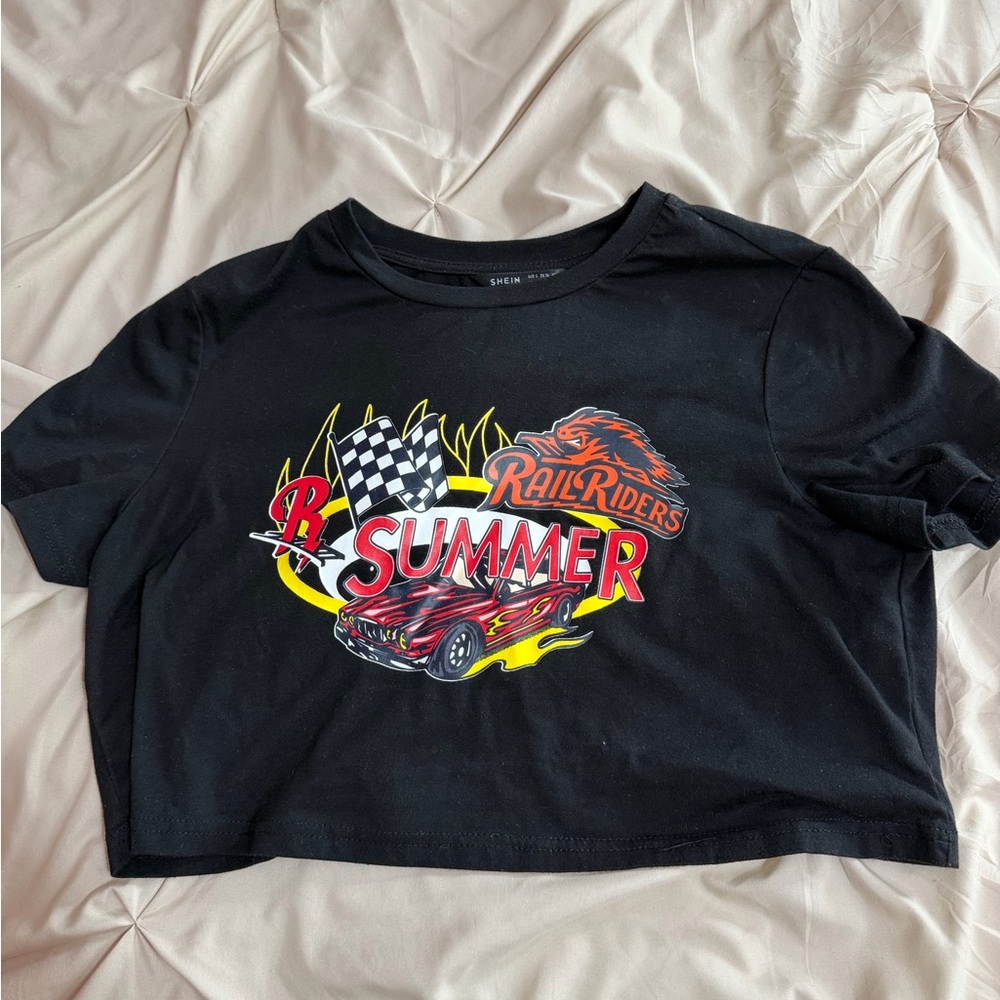 SHEIN Black Crop Top with Racing Graphic